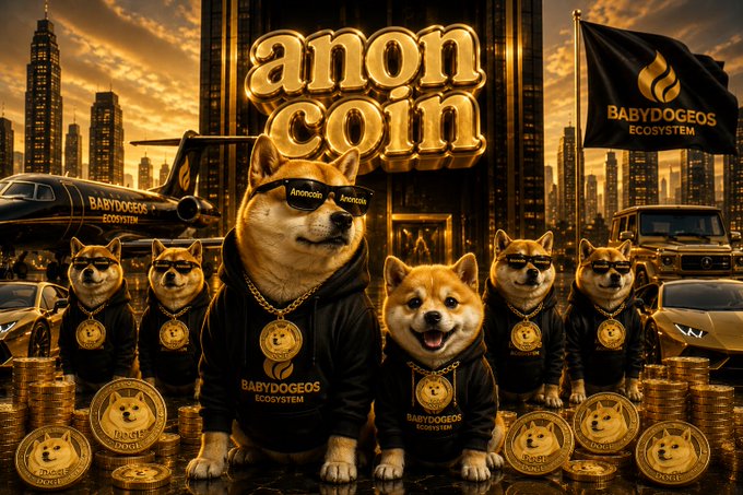 The image features a group of six Shiba Inu dogs wearing black hoodies with the words "Anon Coin" written on them. They are standing next to each other, posing for a photo. The background includes an airplane and buildings, suggesting that they might be in a city setting or near an airport. The text "BabyDogeOS" is also present in the image.