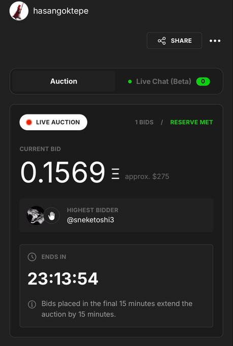 A live auction page for "I am not alone" by Hasan Goktepe shows a current bid of 0.1569 ETH (~$275) from @sneketoshi3 with 23 hours remaining, matching the post announcing the reserve has been met by Sneketoshi.