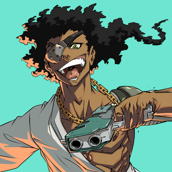 An anime-style illustration of a character with wild black hair, an eyepatch, gold chain, and a futuristic weapon against a teal background.