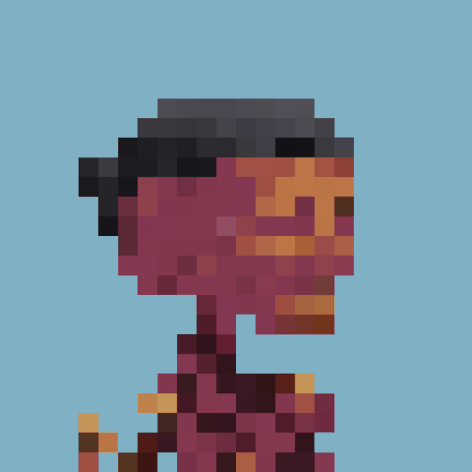 Pixel art of a character with dark hair and red/orange clothing shown in profile against a light blue background.