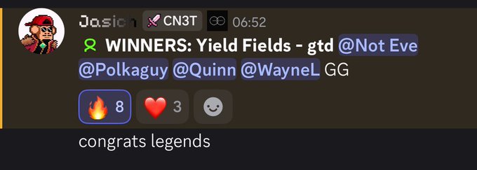A Discord message at 06:52 from user "Ja.sicn" with the CN3T tag announces the WINNERS of a "Yield Fields" gtd (guaranteed) giveaway, tagging @NotEve, @Polkaguy, @Quinn, and @WayneL, with the message receiving 8 fire and 3 heart reactions, captioned "congrats legends."