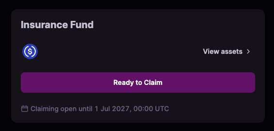 An "Insurance Fund" panel shows a purple "Ready to Claim" button with a deadline notice reading "Claiming open until 1 Jul 2027, 00:00 UTC," illustrating the claim interface for DFX token distribution related to the Drift Foundation hack recovery process.