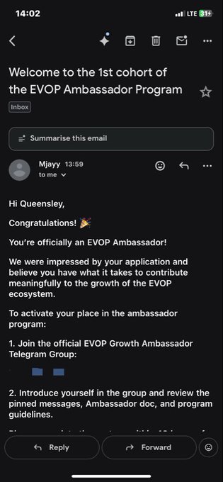 A mobile email screenshot from Mjay congratulating Queensley on being selected as an EVOP Ambassador in the 1st cohort.