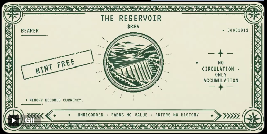 A green-themed digital certificate or note titled 'THE RESERVOIR $RSV' with the serial number 00001913, featuring a central illustration of a dam and phrases like 'MINT FREE', 'NO CIRCULATION • ONLY ACCUMULATION', and 'UNRECORDED • EARNS NO VALUE • ENTERS NO HISTORY'.