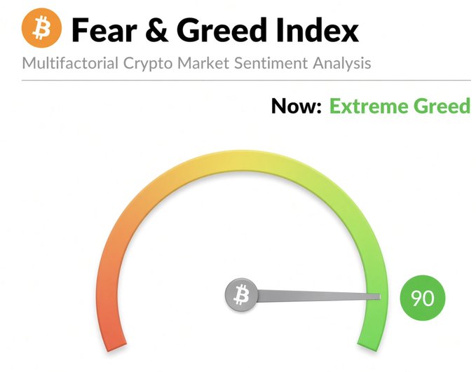 The Fear & Greed Index dashboard displays a current reading of 90, labeled as 'Extreme Greed,' with the gauge needle pointing into the green zone for multifactorial crypto market sentiment analysis.