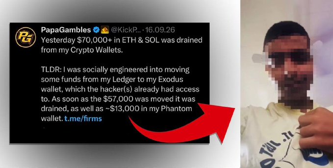 A social engineering scam announcement from PapaGambles (@KickP) on 16.09.26 stating that $70,000+ in ETH & SOL was drained from his crypto wallets, accompanied by a blurred photo of a person.