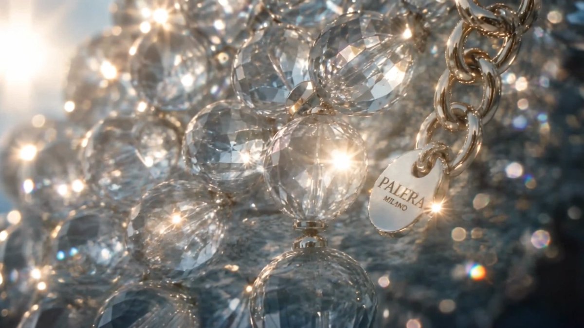 A close-up of sparkling crystal baubles cascading alongside a delicate gold chain, adorned with a polished oval pendant engraved "PALERA MILANO," beautifully echoing the post's promotion of Palera Milano's Italian craftsmanship now available on the Faith Tribe marketplace.