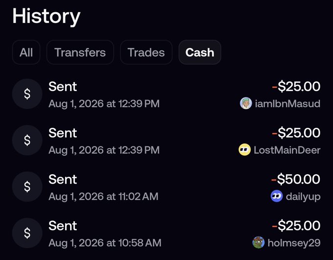 A Cash App history screen showing four 'Sent' transactions of $25 and $50 to users iamlbnMasud, LostMainDeer, dailyup, and holmsey29 on Aug 1, 2026.