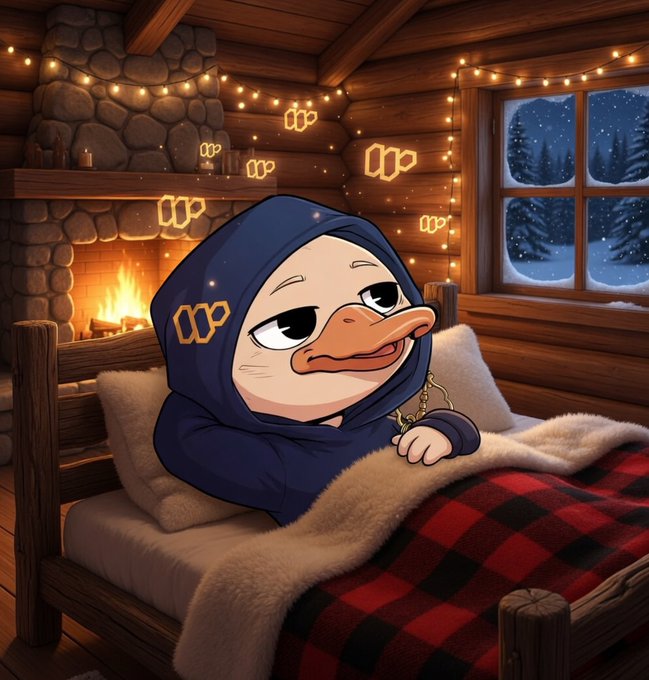 The image features a cartoon duck sitting comfortably in bed with a plaid comforter. The duck has a blue hoodie on and appears to be resting or sleeping. The background of the image includes a fireplace, which adds warmth and coziness to the scene. There are also Christmas lights visible in the room, suggesting that it is likely during the holiday season. The post seems to be discussing the importance of user engagement and contribution rather than just measuring attention spans with likes and shares.