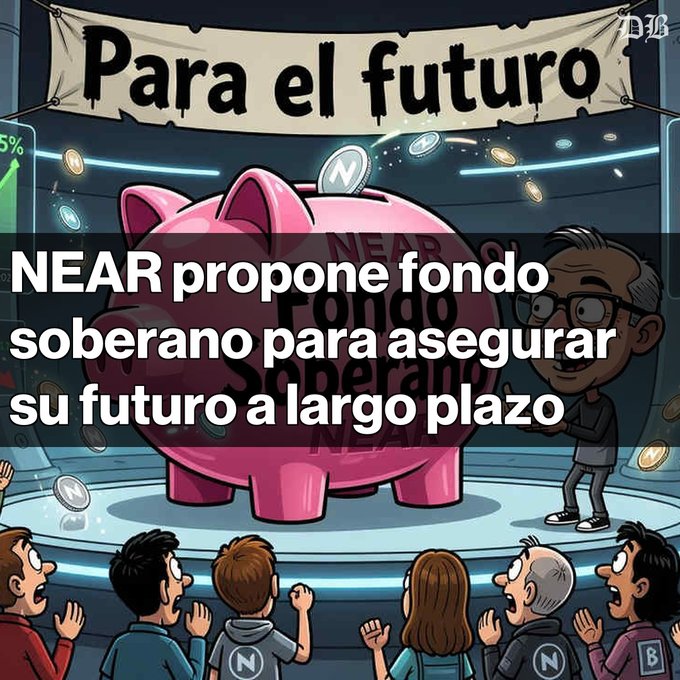 An illustrated news graphic in Spanish with the headline "NEAR propone fondo soberano para asegurar su futuro a largo plazo," showing a cartoon presenter and a pink piggy bank with "NEAR Fondo Soberano" written on it, with "Para el futuro" on a banner above.