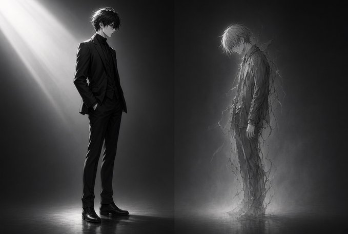 A black and white anime-style illustration showing two versions of a man in a dark suit; one stands confidently in light while the other appears shadowy and is dissolving into dark particles.
