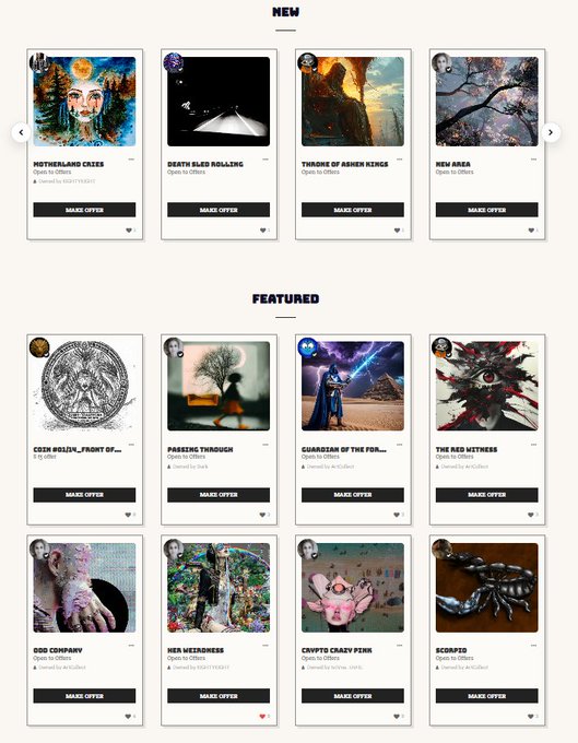 An NFT marketplace page showing 'NEW' and 'FEATURED' collections including titles like 'Motherland Creek', 'Death Sled Rolling', 'Twinkle of Ashen Kings', 'New Area', 'Coin Holdin_Front', 'Passing Through', 'Guardian of the For_', 'The Red Withness', 'Odd Company', 'Hex Weirdness', 'Crypto Crazy Punk', and 'Scorped'.