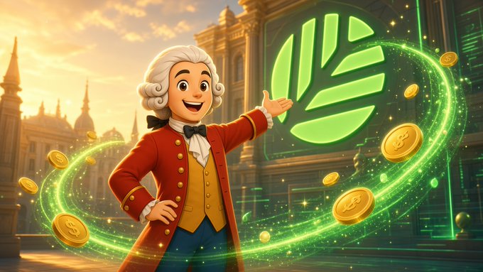 A cartoon illustration of a man in a powdered wig and red 18th-century coat smiling and gesturing toward a large green logo, with golden coins swirling around him in front of a classical building.