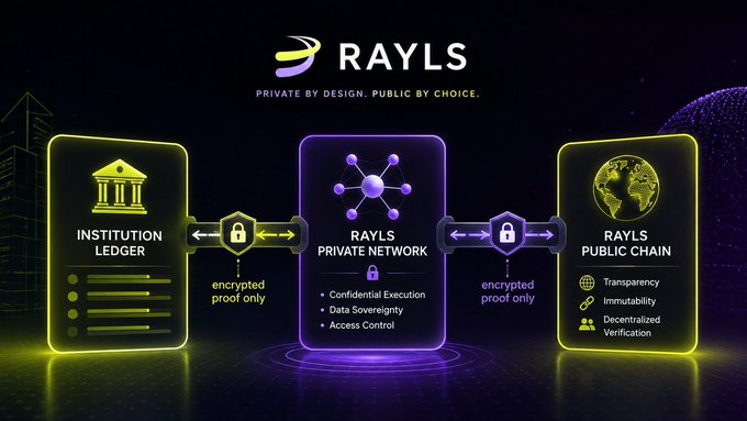 A promotional graphic for RAYLS showing a diagram with 'INSTITUTION LEDGER', 'RAYLS PRIVATE NETWORK', and 'RAYLS PUBLIC CHAIN', emphasizing 'PRIVATE BY DESIGN. PUBLIC BY CHOICE.'