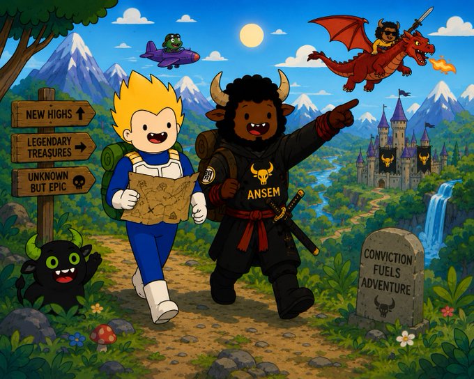 A cartoon illustration of two adventurers exploring a fantasy world, with wooden signs reading "NEW HIGHS", "LEGENDARY TREASURES", and "UNKNOWN BUT EPIC", alongside a tombstone labeled "CONVICTION FUELS ADVENTURE".