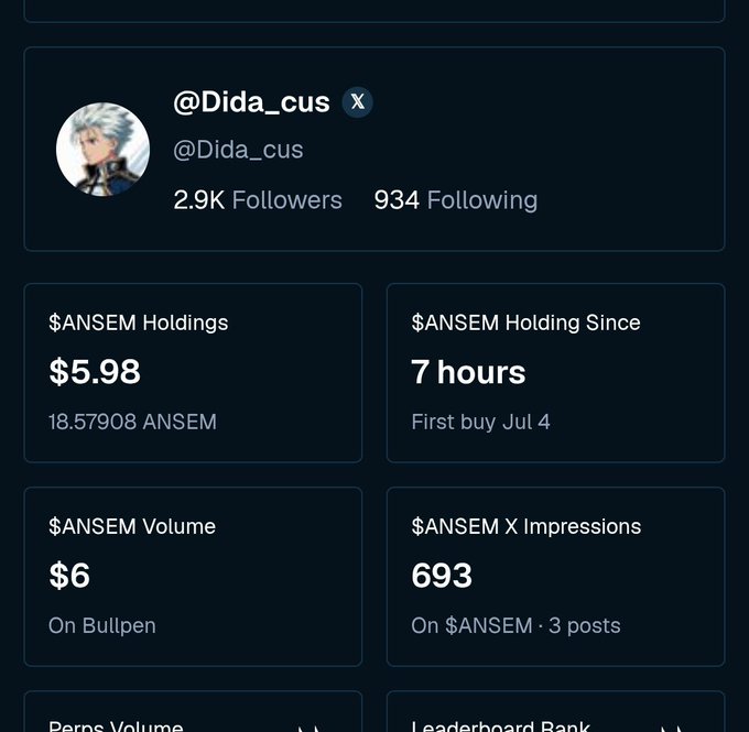 A profile summary shows the user @Dida_cus with 2.9K followers, displaying $ANSEM holdings of $5.98 (18.57908 ANSEM) and related token metrics.