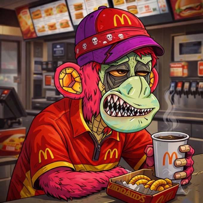 A menacing McDonald's employee in a red and yellow uniform and skull-patterned cap devours curly fries and coffee at the counter. The post's farewell "GN, see you tomorrow fam" fits the late-night fast food vibes, suggesting a final meal before bed with the demonic monkey mascot standing in for a tired fast food worker.