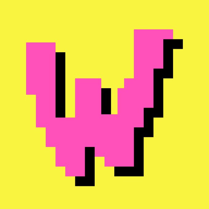 A pixel-art style pink "V" or checkmark-like shape with black shadow on a bright yellow background.