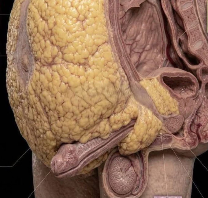 A detailed anatomical cross-section illustration showing internal human organs including fatty tissue, muscles, and reproductive anatomy against a black background.