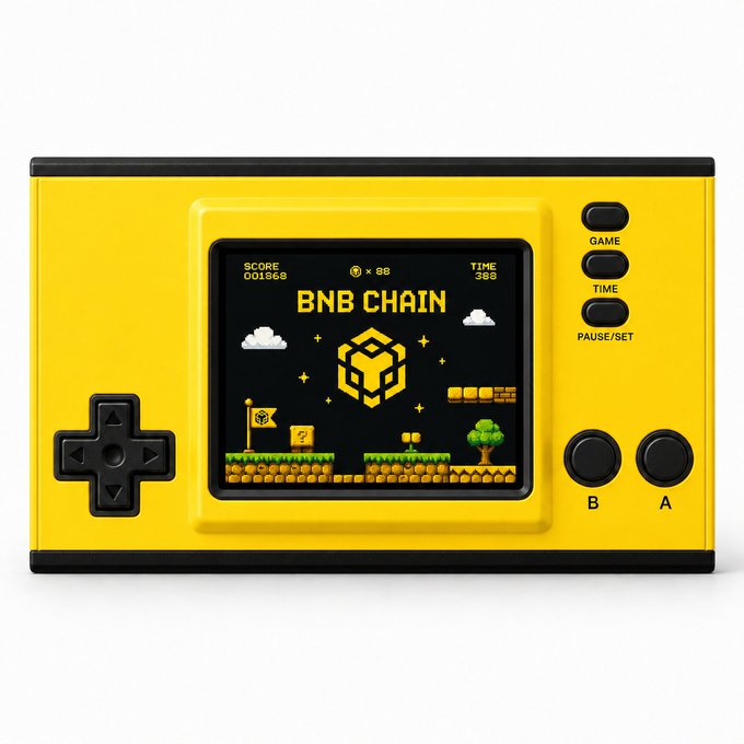 A yellow handheld gaming device displays a "BNB CHAIN" screen featuring pixelated clouds, a tree, a flag, and the BNB cube logo, with a score of 001568, 88 coins, and a time of 388, alongside GAME, TIME, PAUSE/SET buttons and B/A action buttons that tie into the "Press B to build" theme.