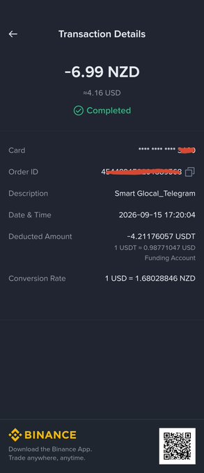 A Binance transaction confirmation screenshot showing a completed payment of -6.99 NZD (≈4.16 USD) for "Smart Glocal_Telegram" on 2026-09-15, demonstrating the smooth use of the Binance card to pay for Telegram Premium.