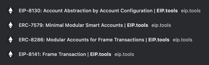 List of Ethereum Improvement Proposals from eip.tools: EIP-8130 Account Abstraction by Account Configuration, ERC-7579 Minimal Modular Smart Accounts, ERC-8286 Modular Accounts for Frame Transactions, and EIP-8141 Frame Transaction.