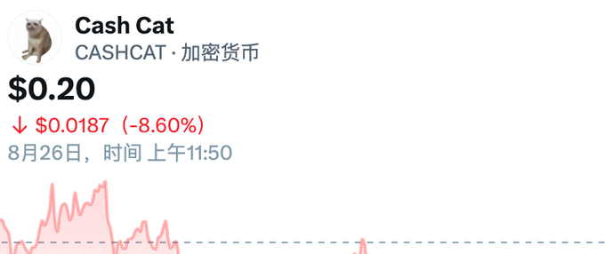 A cryptocurrency price widget for 'Cash Cat' (CASHCAT) showing a price of $0.20, down $0.0187 (-8.60%) as of August 26 at 11:50 AM, with a pink downward price chart.