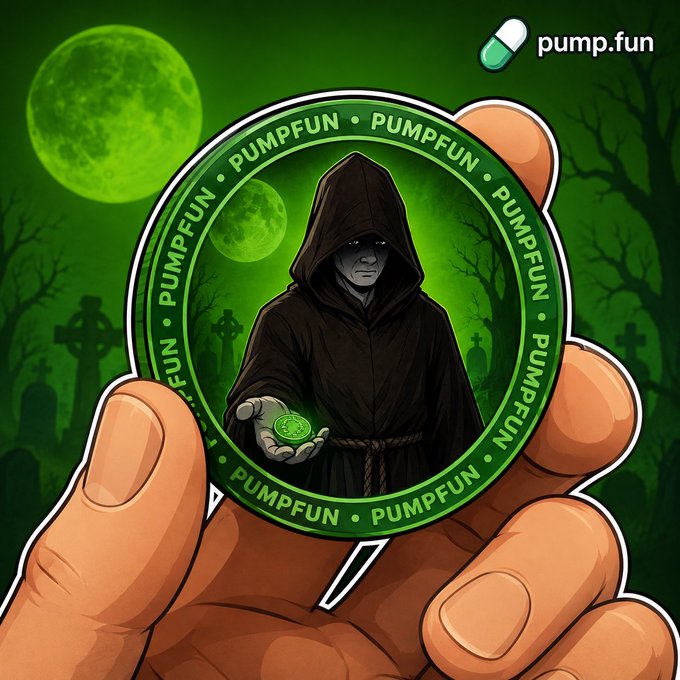 An illustration showing a hand holding a circular 'PUMPFUN' coin featuring a hooded figure against a green moonlit cemetery background, with the 'pump.fun' logo in the upper right corner.