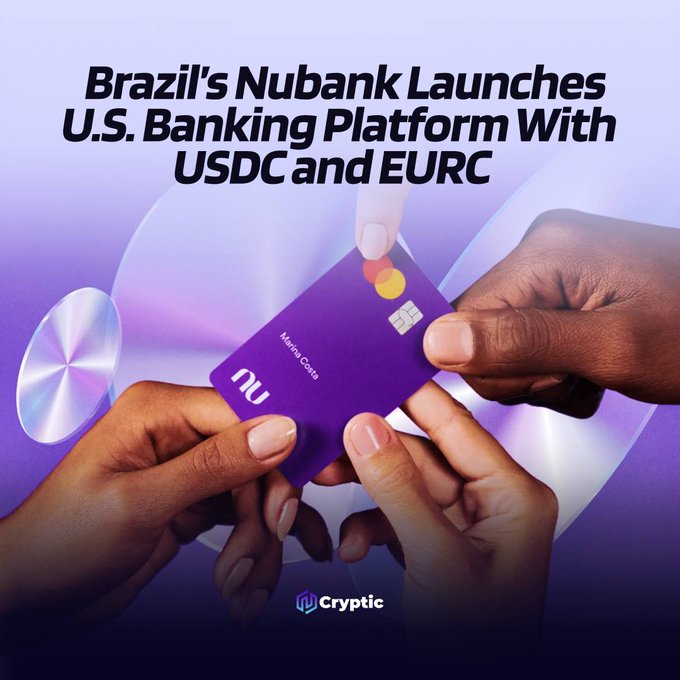 The image is a promotional graphic featuring two hands exchanging a purple Nubank debit card with the headline "Brazil's Nubank Launches U.S. Banking Platform With USDC and EURC," visually representing the bank's new integration of stablecoins into its digital banking services for its massive customer base.