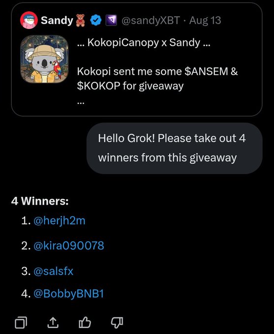 The image shows a Twitter/X screenshot where user @sandyXBT announces a KokopiCanopy x Sandy giveaway featuring $ANSEM and $KOKOP tokens, with Grok selected 4 winners (@herjh2m, @kira090078, @salsfx, @BobbyBNB1). The caption notes these winners differ from those in the accompanying post, which instead hand-picked @SpiritwalkerT, @Nagumoyyy, @atubulated, and @pelago20 for the $ANSEM token giveaway.