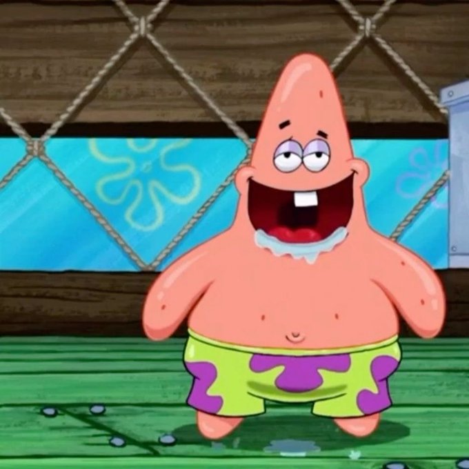 Patrick Star stands with a wide, vacant grin in his green and purple shorts, embodying the clueless stereotype. The image humorously illustrates the post's point about self-proclaimed crypto "experts" who lack real experience—looking confident and cheerful despite having no actual skills, losses, or knowledge to back up their claims.