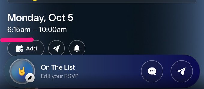 A mobile app notification screen showing "Monday, Oct 5" with "6:15am – 10:00am" and an event titled "On The List" with an option to "Edit your RSVP".