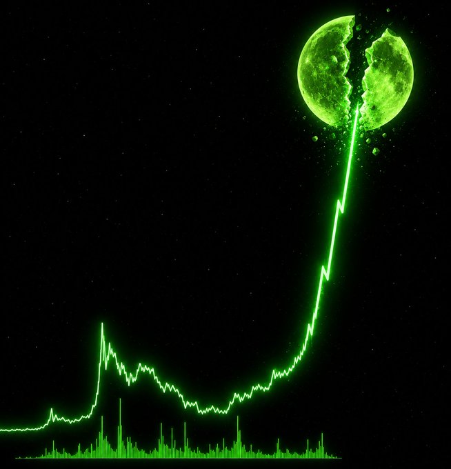 A green line chart shows an upward trend that leads to a green moon shattering at the peak, with the text 'LIQUIDATED' implied by the visual metaphor of rising values.