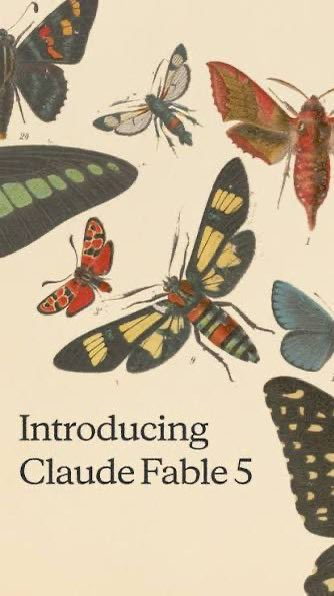 The image features a poster for Claude Fable 5 that includes various butterflies and moths as illustrations. The text on the poster reads "Introducing Claude Fable 5" and "A weaker model from Anthropic, Opus 4.8 recently found a major bug in Zcash". This suggests that there might have been an issue with the security or functionality of the Zcash cryptocurrency, which was discovered by a lesser-known developer named Opus 4.8.