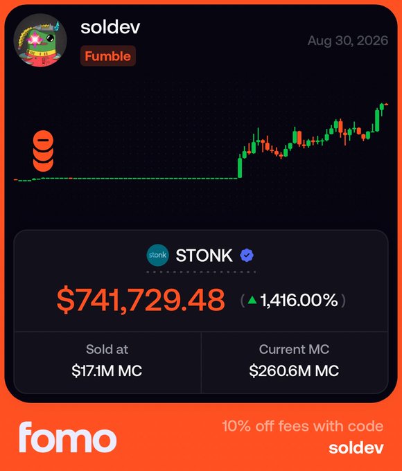 A promotional graphic from 'fomo' displays a profitable trade with the username 'soldev', showing a stock chart for the token 'STONK' with a gain of +1,416.00%, sold at $17.1M MC, now at $260.6M MC, offering '10% off fees with code soldev'.