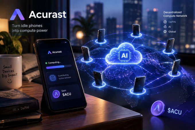 A promotional graphic for 'Acurast', a decentralized compute network, showing a smartphone interface with 'Computing...' progress and text reading 'Turn idle phones into compute power' alongside $ACU token information.