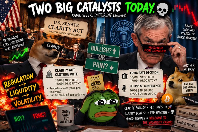 A chaotic infographic titled 'TWO BIG CATALYSTS TODAY' features Doge and Pepe meme characters, referencing the 'U.S. SENATE CLARITY ACT' and 'FOMC RATE DECISION', with text like 'BULLISH?', 'HIGHER FOR LONGER', and 'WELCOME TO THE VOLATILITY CASINO'.