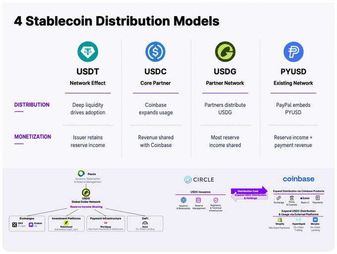 Infographic titled '4 Stablecoin Distribution Models' comparing USDT (Network Effect), USDC (Core Partner), USDG (Partner Network), and PYUSD (Existing Network) with their distribution and monetization approaches.