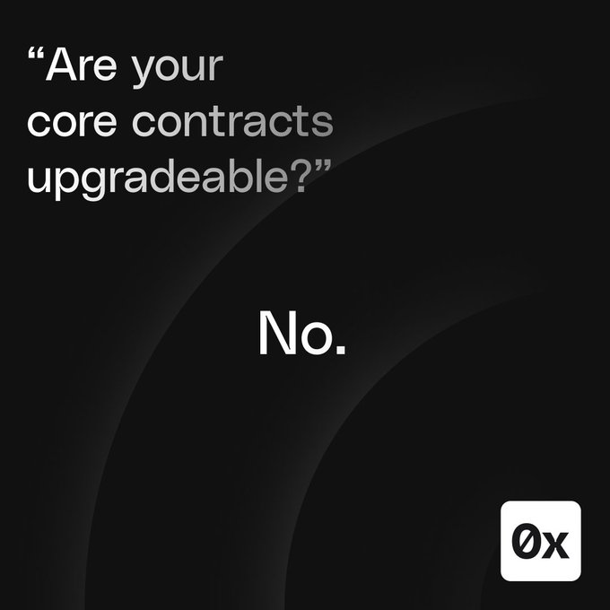 A black graphic with white text reads, "Are your core contracts upgradeable?" followed by "No." The 0x logo appears in the bottom right corner.