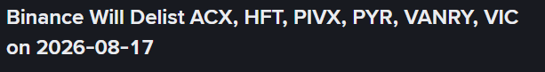 A text announcement stating 'Binance Will Delist ACX, HFT, PIVX, PYR, VANRY, VIC on 2026-08-17.'
