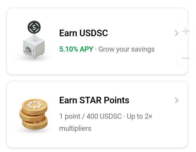 Two app interface cards titled 'Earn USDC' with '5.10% APY · Grow your savings' and 'Earn STAR Points' showing '1 point / 400 USDC · Up to 2x multipliers'.