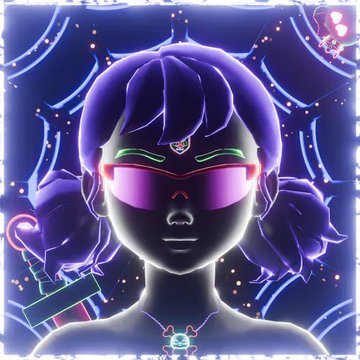 A neon-colored digital illustration of a female character with purple hair, pink glowing sunglasses, and facial piercings, set against a blue background with spiderweb patterns.