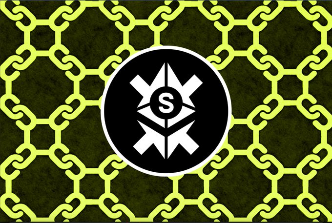 A black circular logo with a white stylized 'X' and 'S' emblem is centered against a lime green chain-link pattern on a dark textured background.