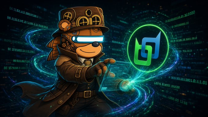A digital illustration of a detective-themed character wearing goggles and a cap, pointing at a glowing green cryptocurrency logo (resembling HTX/Huobi) amid streams of data and code.
