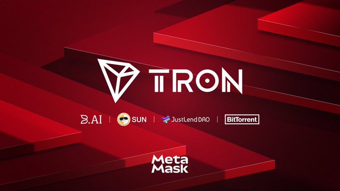 A promotional graphic on a red background displays the TRON logo alongside partner logos including S.AI, SUN, JustLend DAO, BitTorrent, and MetaMask.