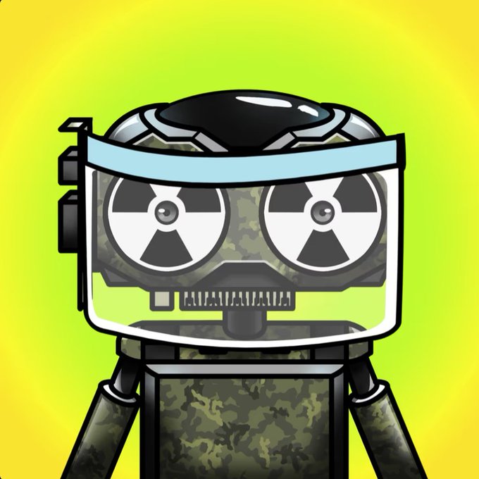 A digital illustration of a mechanical robot with a camouflage pattern body and large circular eyes against a bright green and yellow gradient background.