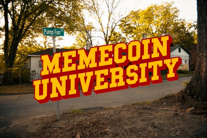 A street sign reading "Pump Fun ST" is visible near a bold sign that says "MEMECOIN UNIVERSITY," suggesting a playful rebellion against traditional memecoin trading strategies. This imagery likely relates to the post's theme of building a new approach to memecoin investing.
