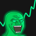 A green cartoon-style meme face with an exaggerated open-mouthed smile and a rising green chart line above it, often used to represent crypto gains.