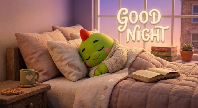A cute green character with a red bow sleeps peacefully in a cozy bed with the text "Good Night" displayed in a window.