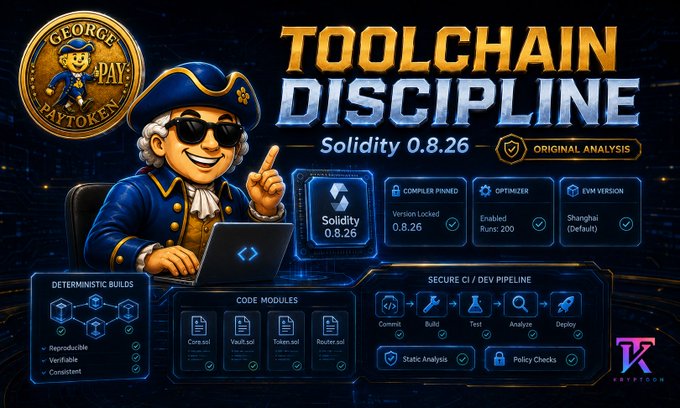 The image is an infographic titled "Toolchain Discipline" featuring a pirate mascot labeled "George Paytoken," which highlights that the GEORGE token contracts were compiled with Solidity 0.8.26 using the default Shanghai EVM version and optimizer set to 200 runs. It visually maps the project's secure CI/CD pipeline—covering deterministic builds, code modules (Cons.sol, Vault.sol, Token.sol, Router.sol), static analysis, policy checks, and a commit-to-deploy workflow—thereby reinforcing the post's emphasis on toolchain discipline as a foundational layer of the project's security.